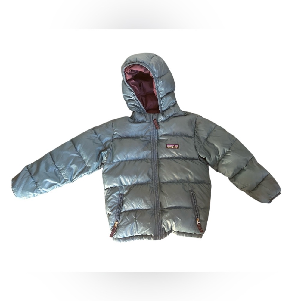 Patagonia Dusty Blue Hooded Down Puffer Jacket XS 5T FLAWS